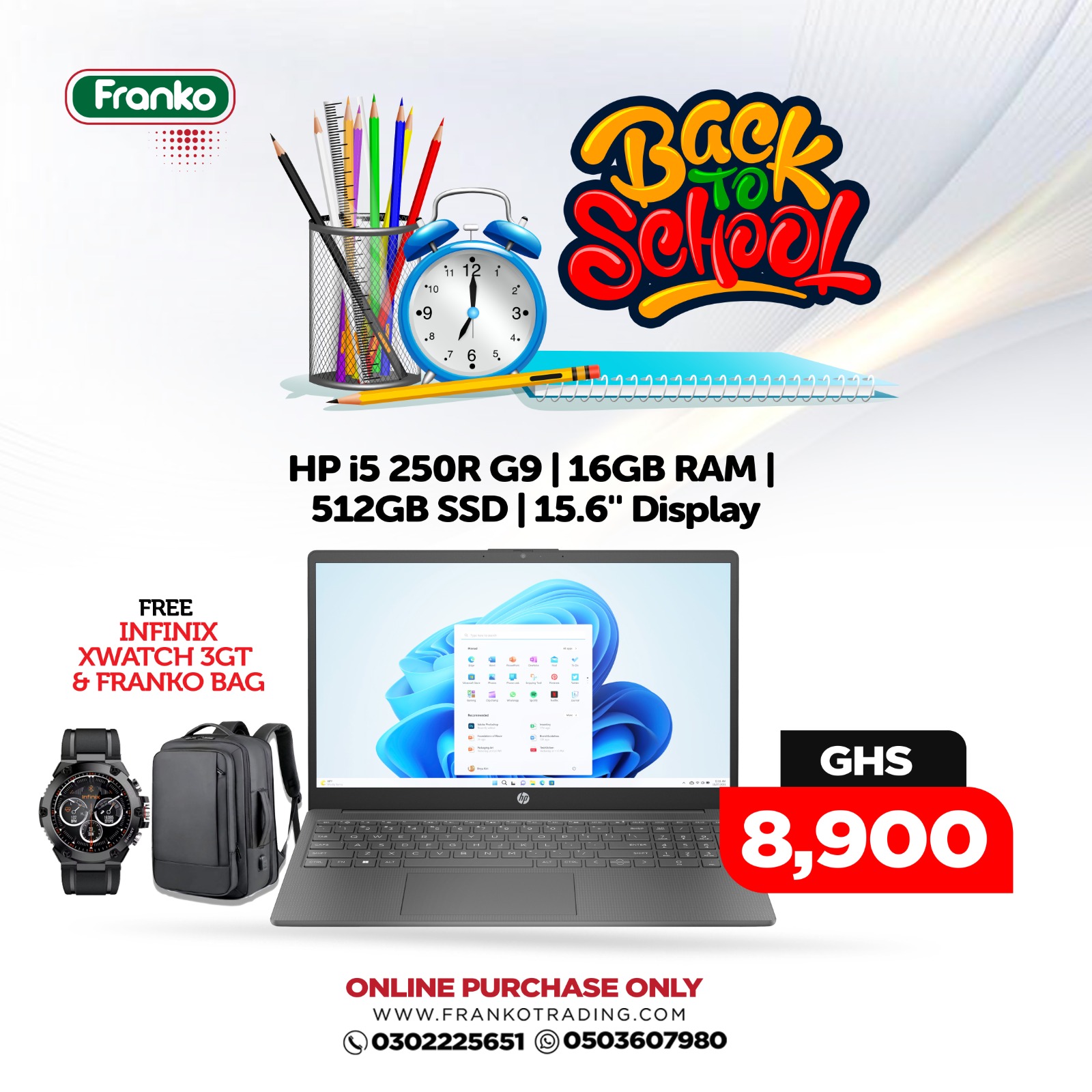 HP i5 | 250R G9 | 16GB RAM | 512GB SSD | 15.6" Display-Infinix Xwatch 3GT Plus Free Franko Bag